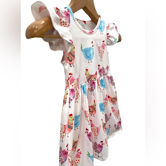 New Girls Chicken Ruffle Sleeve Light Pink Round Neck Kids Farm Twirly Dress - Picture 3 of 5